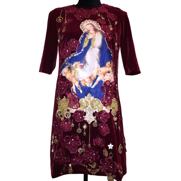 Luxury Designer Runway Embroidery Velvet Beaded Baroque Burgundy Red Gold Dress - Picture 12 of 16